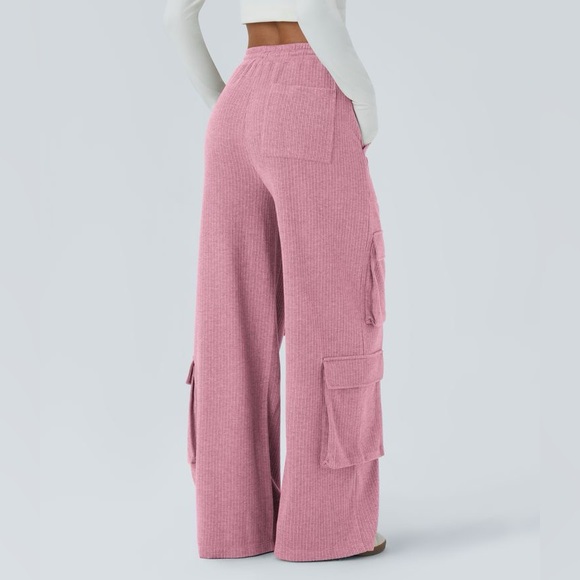 Halara Mid Rise Drawstring Pockets Wide Leg Cargo Casual Pants Wild Rose -L - Picture 2 of 8